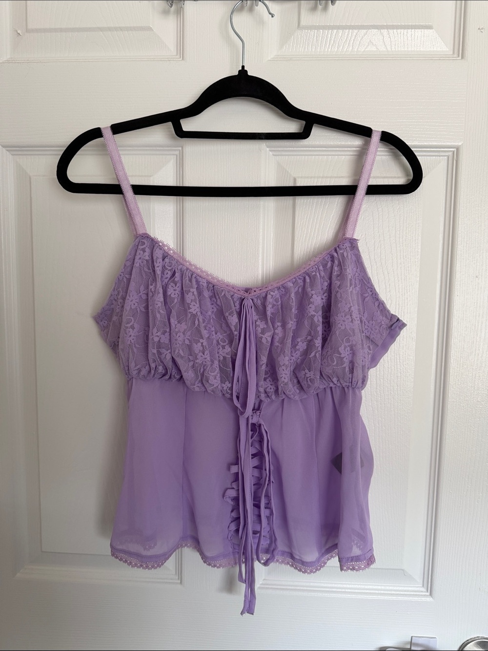 Forest Ink Sheer Lilac Lace Tie-Front Camisole Top